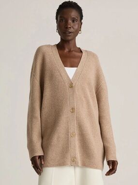 Quince Fisherman Beige Button-Front Ribbed Cardigan Sweater Oversized EUC 1276